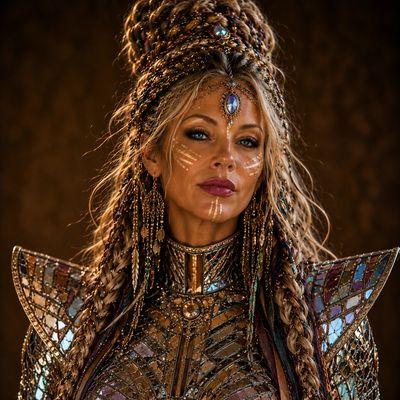 Woman adorned in intricate armor with braided hair and tribal face paint.