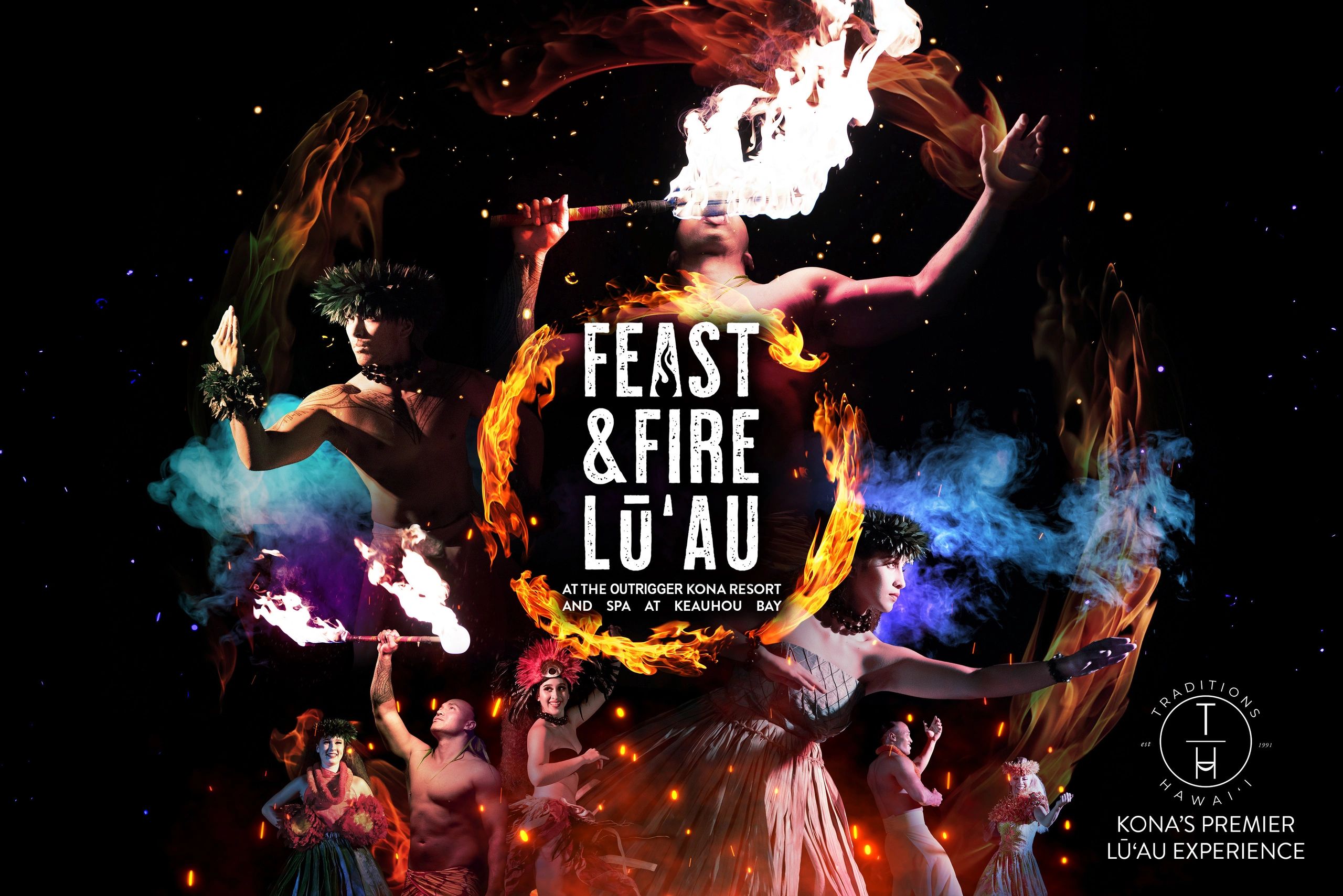 Performers with fire in a Hawaiian lu'au event poster.