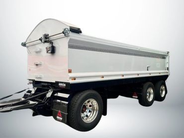 A white Arrow trailer with dual rear wheels and a sleek design.