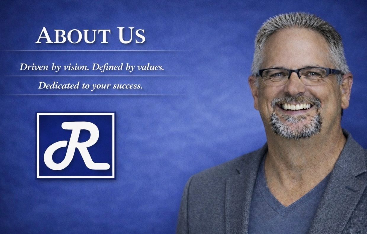 Smiling man in glasses with company values and logo on blue background.