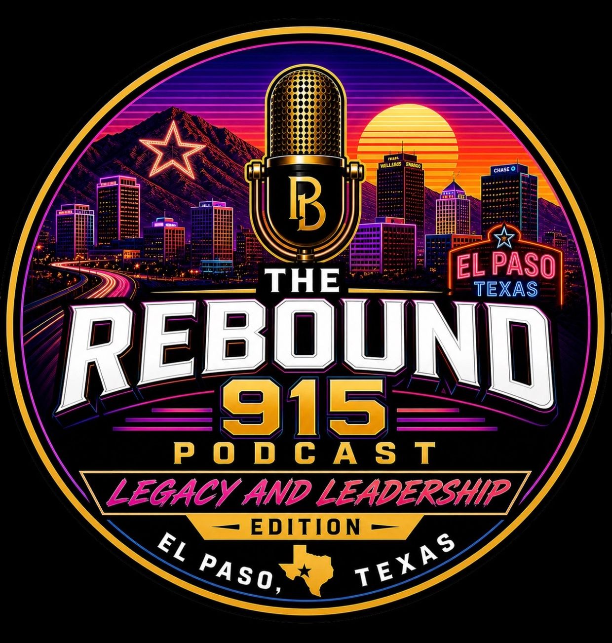 Vibrant logo for The Rebound 915 podcast, featuring El Paso skyline and sunset.