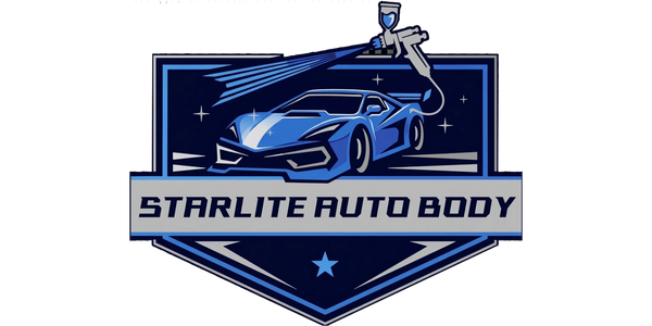Logo for Starlite Auto Body with a sleek blue car and paint spray gun.