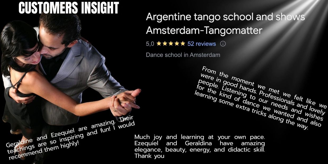 Couple dancing Argentine tango with positive customer reviews for Amsterdam tango school.