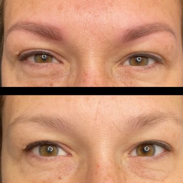 Before and after eyebrow microblading showing enhanced eyebrows.