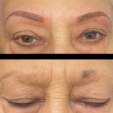 Close-up of eyes showing eyebrow tattoo before and after fading.