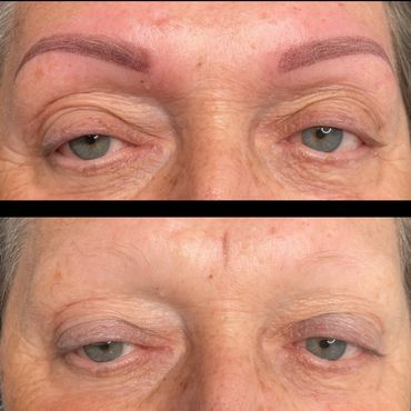 Close-up of eyes before and after eyebrow microblading treatment.
