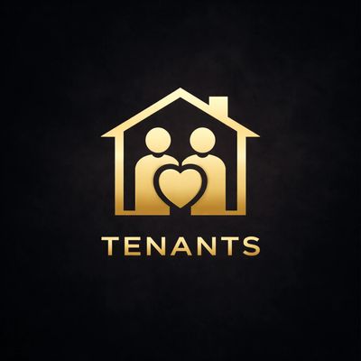 Golden tenants logo with two figures and a heart inside a house shape.