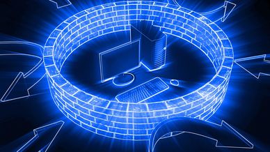 Digital firewall protecting a computer setup from external threats.