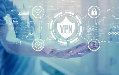Hand presenting a digital VPN security interface with icons.