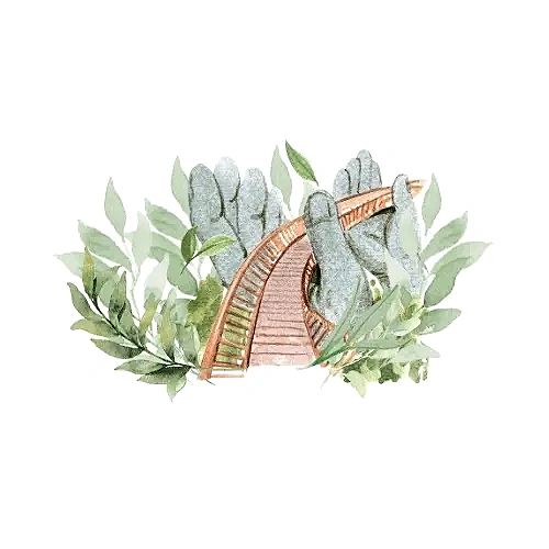 Watercolor illustration of hands holding a railway track surrounded by green leaves.