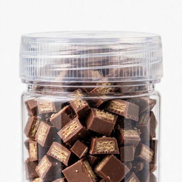 Chocolate-covered wafer pieces in a clear plastic jar.