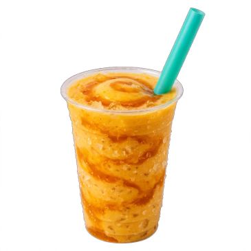 Mango smoothie with caramel swirls and a teal straw.