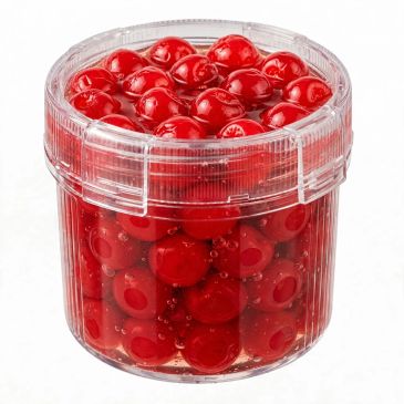 Container filled with red cherries.