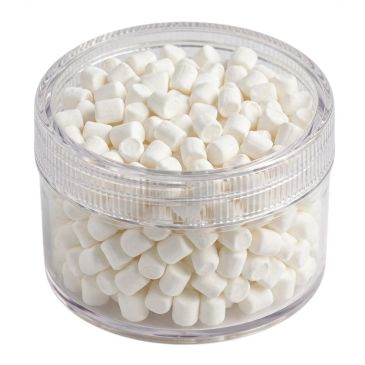 Clear container filled with small white foam earplugs.
