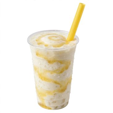 Creamy mango smoothie with a yellow straw.