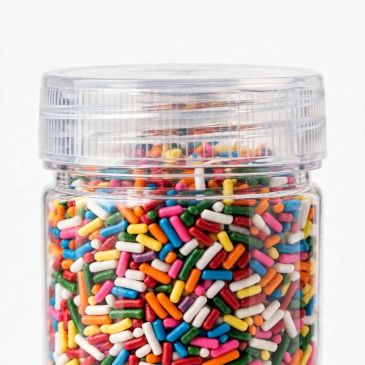 Clear jar filled with colorful candy sprinkles.
