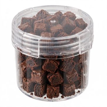 Clear container filled with chocolate brownie bites.