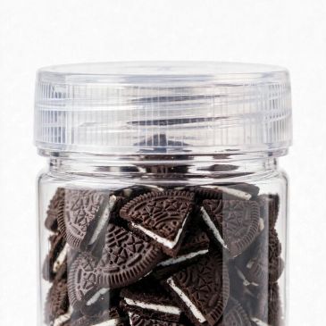 Jar filled with chocolate sandwich cookies.