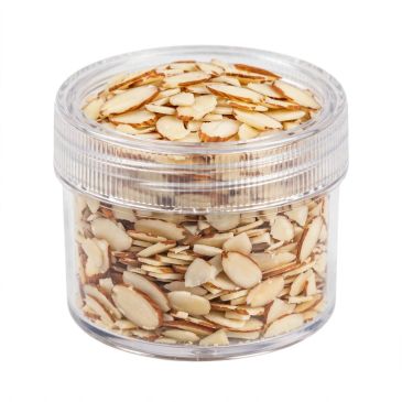 Clear container filled with sliced almonds.