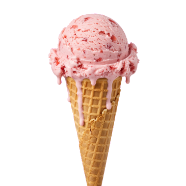 Strawberry ice cream in a waffle cone.