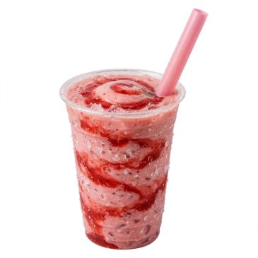 Strawberry smoothie with pink straw in clear cup.
