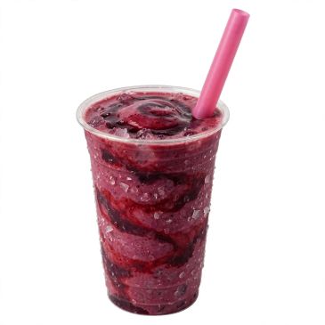 A cold berry smoothie with a pink straw.