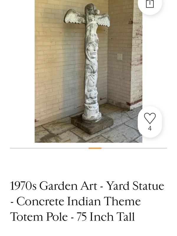Concrete totem pole statue with Indian theme from the 1970s, 75 inches tall.