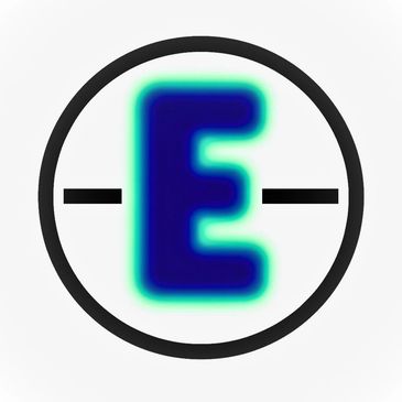 A stylized letter E with a glowing neon effect inside a black circle.