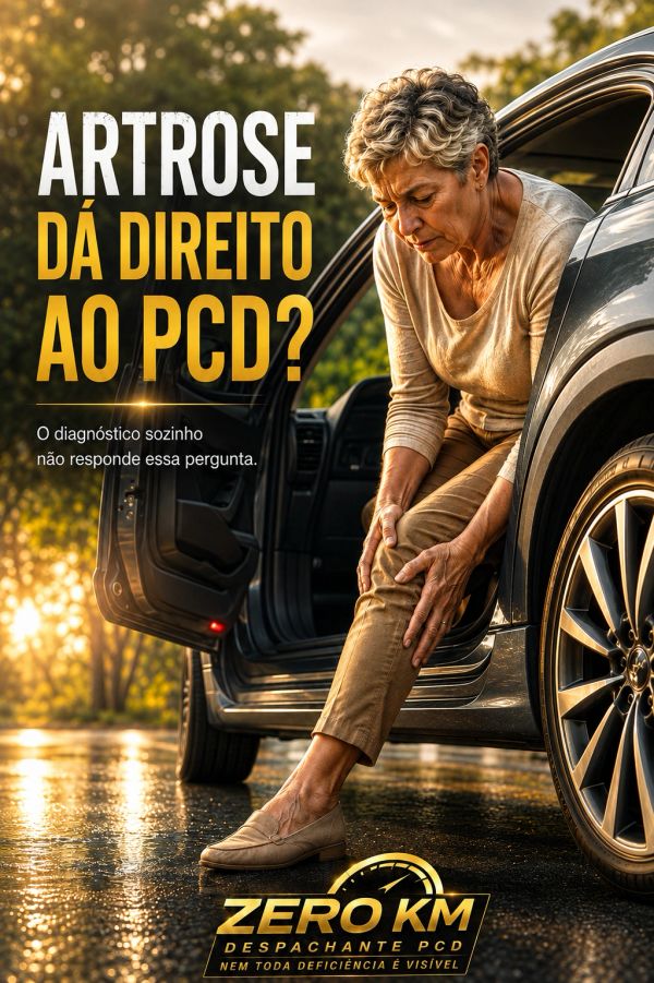 mulher com dor no joelho ao entrar no carro, representando artrose e possível direito ao PCD