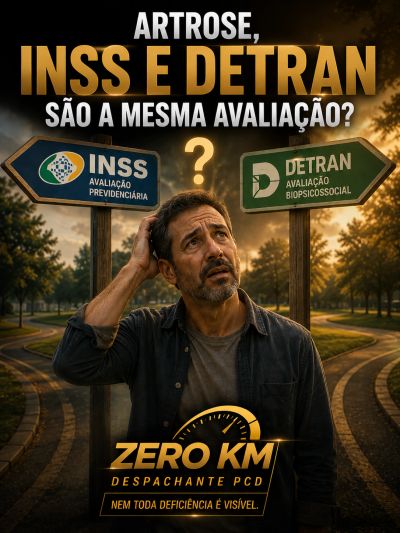 : Pessoa diante das placas INSS e DETRAN representa a dúvida de quem já possui diagnóstico e precisa
