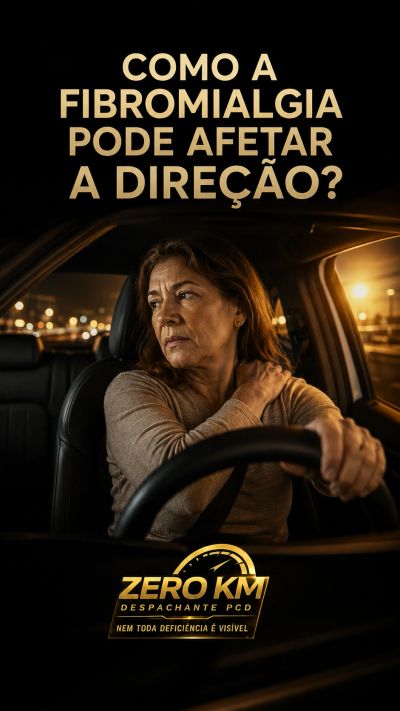 Mulher com fibromialgia sentindo dor no ombro e dificuldade para virar o pescoço enquanto dirige um