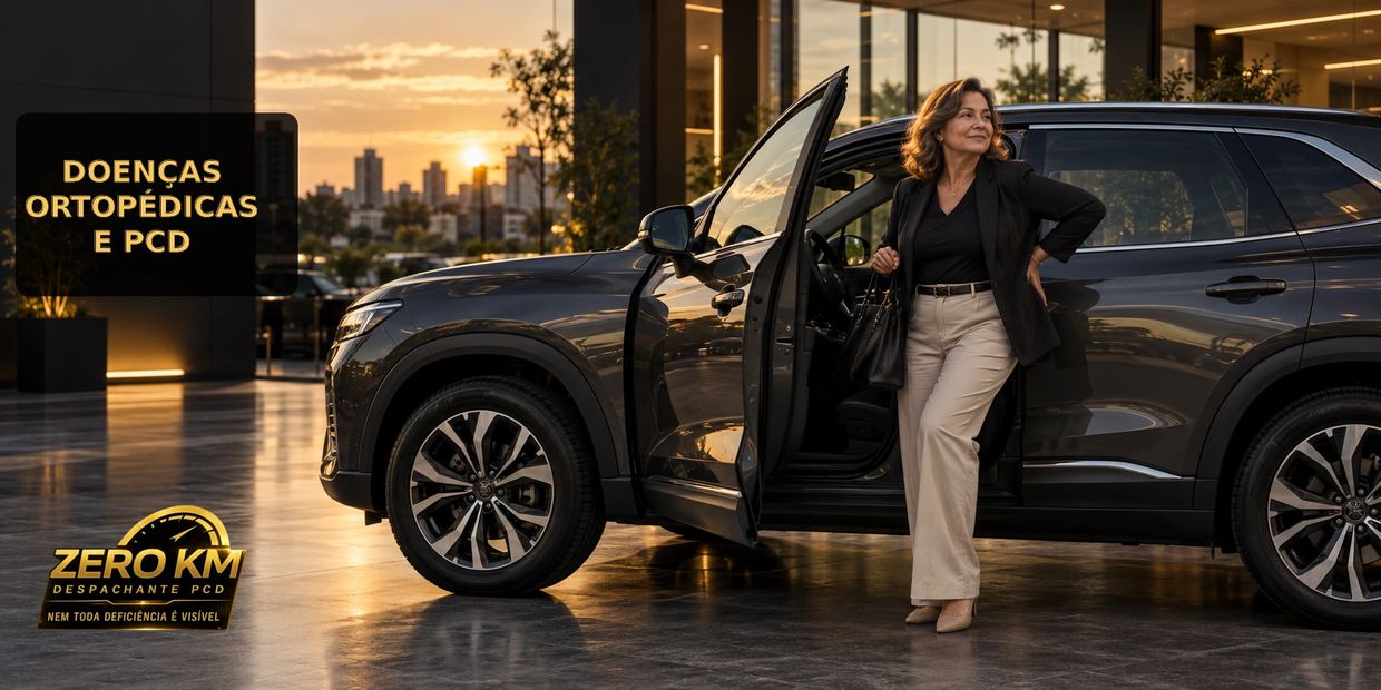 Mulher saindo de SUV com limitação ortopédica, representando doenças ortopédicas e direitos PCD.