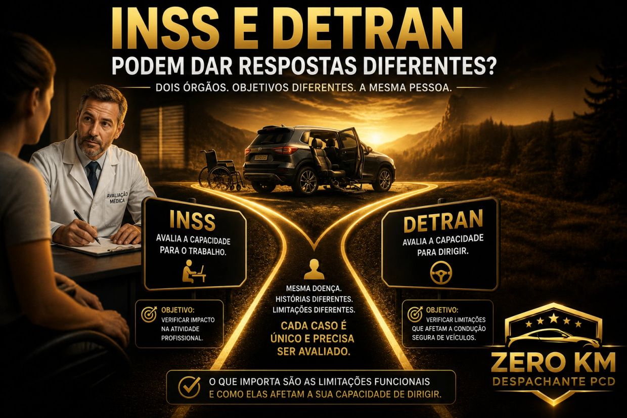 Arte ilustrando que INSS e DETRAN possuem critérios diferentes e que o processo PCD considera princi
