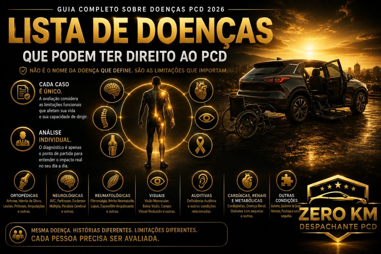 Infográfico sobre doenças PCD para compra de carro com isenção, mostrando que cada caso deve ser ava