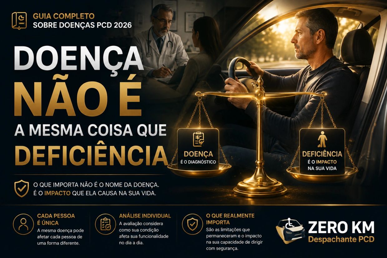 Ilustração explicando que doença não é a mesma coisa que deficiência e que a análise do processo PCD