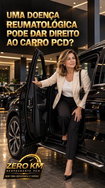 Mulher com dor e rigidez no corpo saindo de dentro de um carro, representando doença reumatologica