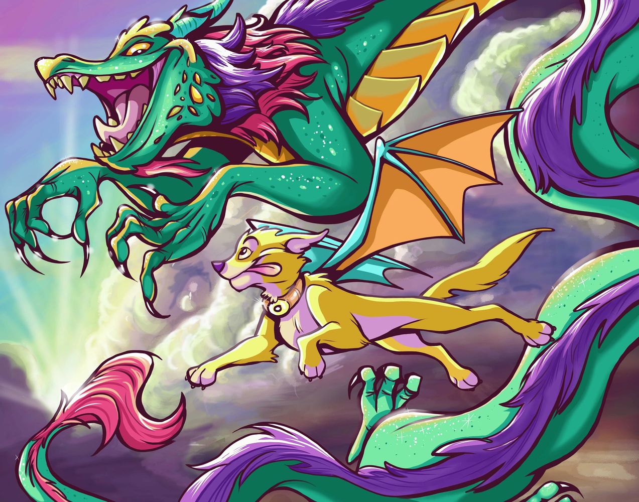 Murcury the Mutt flies high, with his dragon buddy at his side!