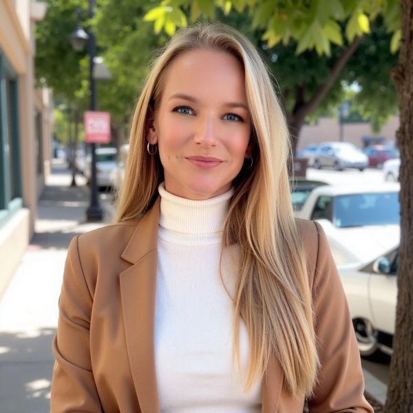 Confident woman in a brown blazer and white turtleneck smiling outdoors.