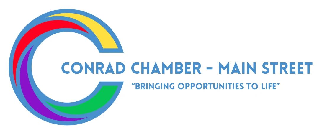 Logo of Conrad Chamber - Main Street with colorful circular design.