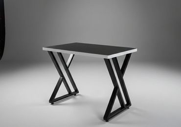 Modern black and silver desk with X-shaped legs on a plain background.