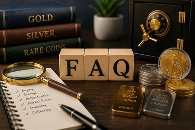 FAQ blocks, gold and silver coins, bars, and a safe.