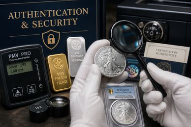 Authentication and security of precious metals with magnifying glass and certification.