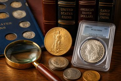 Collection of coins and coin books with magnifying glass.