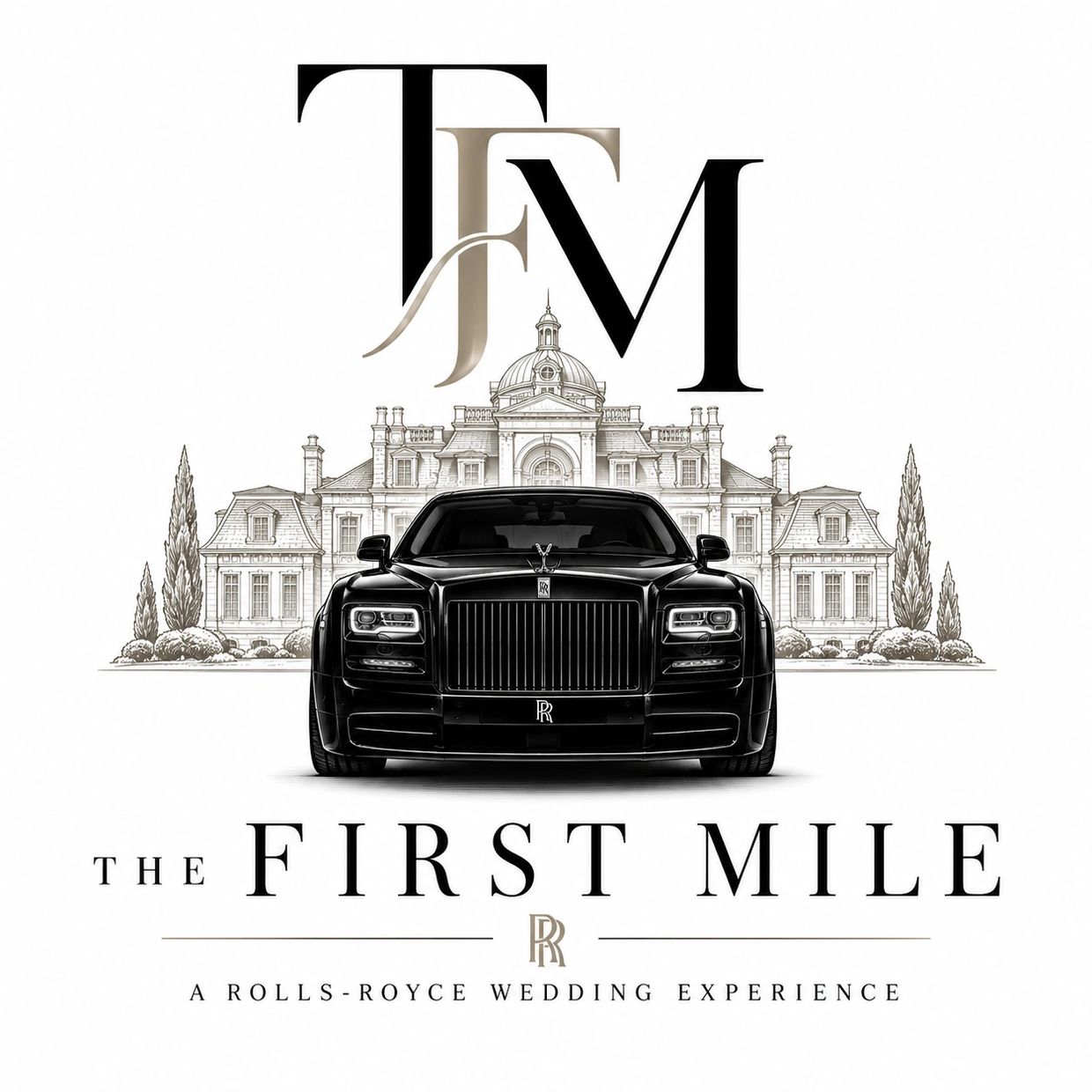 Rolls-Royce wedding experience logo with car and mansion.