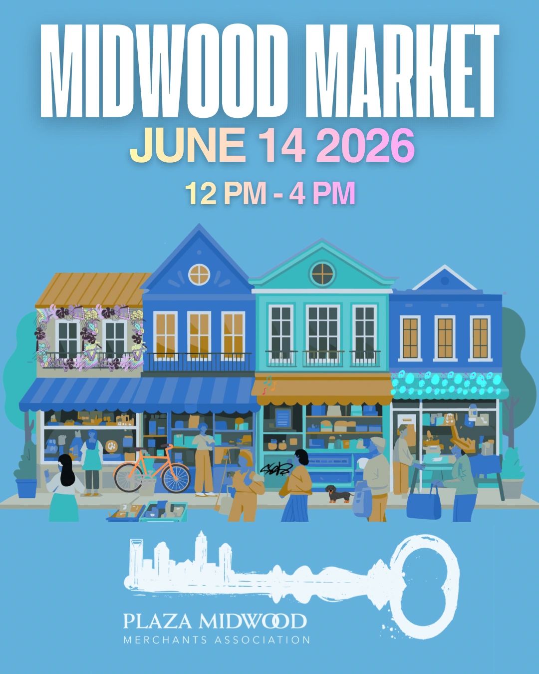 Illustration of Midwood Market event on June 14, 2026, from 12 to 4 PM.