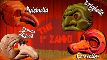 Four Commedia dell' arte masks for sale in front of a red curtain with the words "The first zanni"
