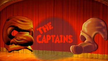 Two Commedia dell' arte masks for sale in front of a red curtain with the words "The Captains"