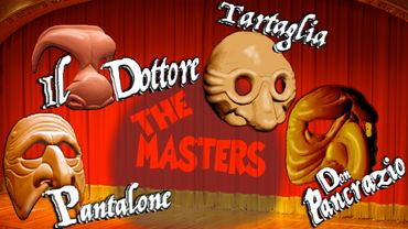 Four Commedia dell' arte masks for sale in front of a red curtain with the words "The Masters"