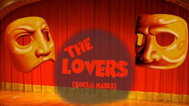 Commedia dell' arte social masks for sale in front of a red curtain with the words "The Lovers"