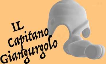 The mask of Il Capitano Giangurgolo on an orange background